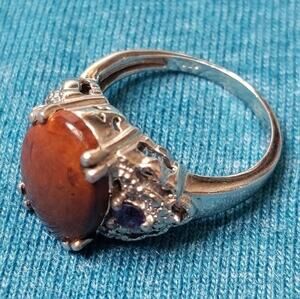 Vtg Sterling Signed STS Karis Natural Brown Gemstone with 2 Purple st Ring sz 7